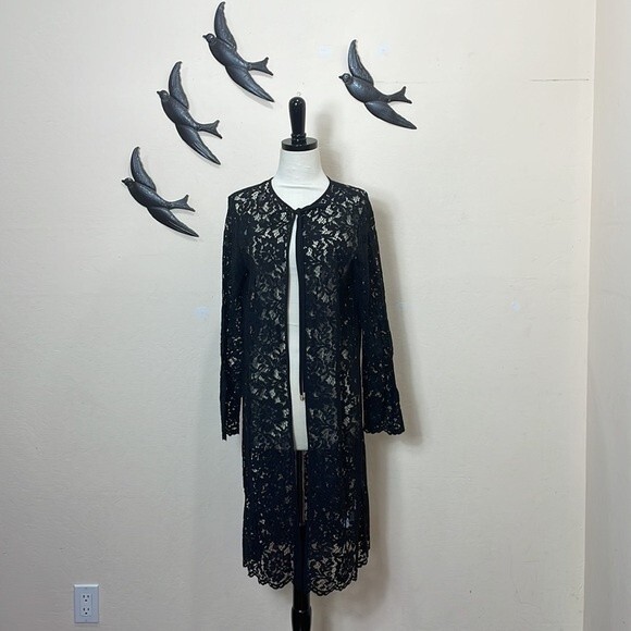 DKNY Women's Black Lace Tie-Neck Duster Jacket Swim Cover Up -  M/L  - Versatile - Picture 10 of 16